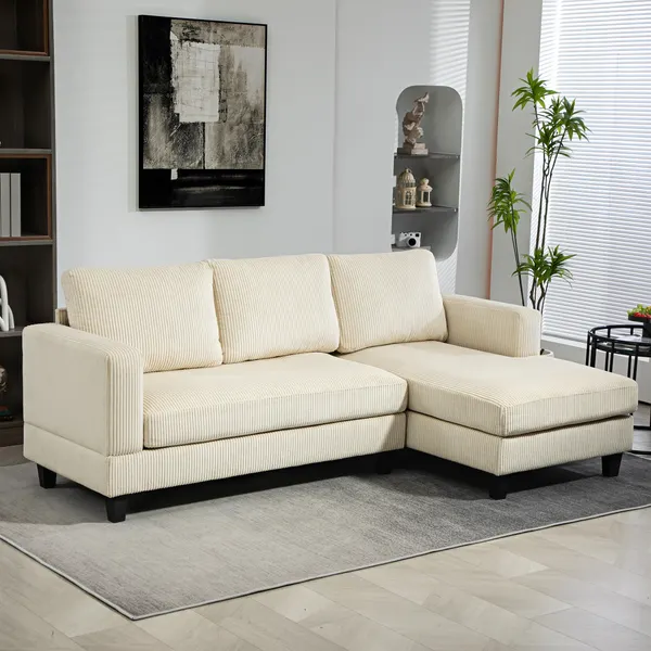 Sofá Chaise Longue Sofá de 3 Lugares em L Estofado em Veludo Assento e Encosto Almofadados para Sala de Estar Escritório 214x134x87 cm Bege