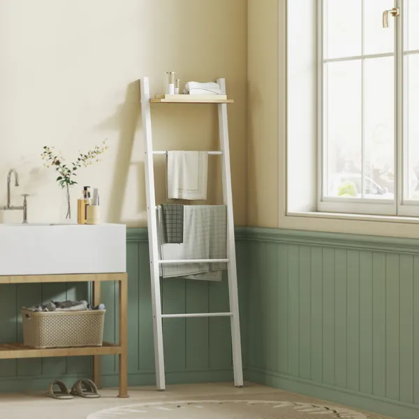 Toalheiro de Escada com Prateleira Superior e 4 Barras Suporte de Toalhas para Encostar na Parede Prateleira Inclinada para Quarto Sala de Estar 43x20x151 cm Branco e Carvalho