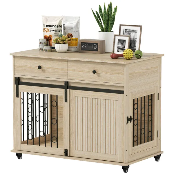 Gaiola para Cães com Rodas Mesa de Apoio Casa para Animais Moderna com 2 Gavetas 2 Portas e Fecho para Cães Médios e Grandes 100x56x81 cm Carvalho