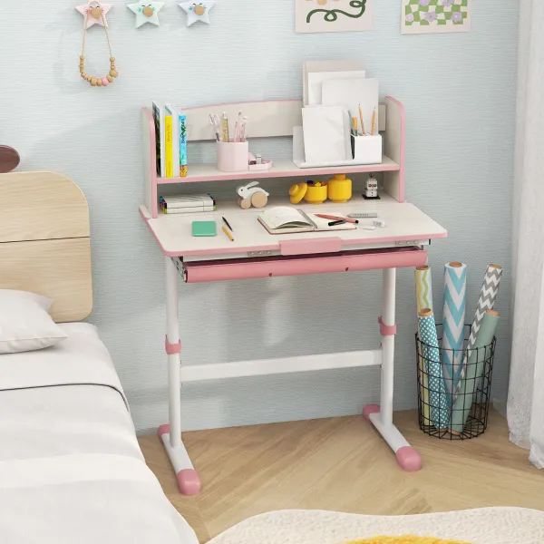Bureau Enfant Hauteur Réglable avec Plan de Travail Inclinable et Tiroir de Rangement