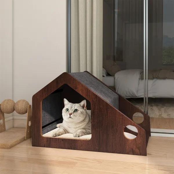 Casa de Madeira para Gatos Condomínio com Comedouro e Tecto Removível Marrom