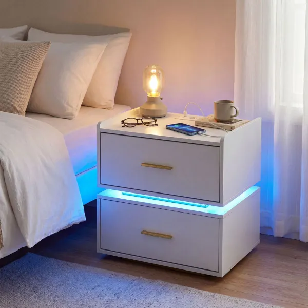 Par de Mesitas de Cabeceira com Carregador LED e 2 Gavetas - Base em Metal Branco