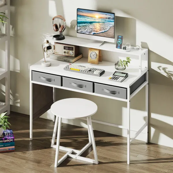 Secretária de Computador com Tomadas de Corrente, Banqueta e Suporte para Monitor