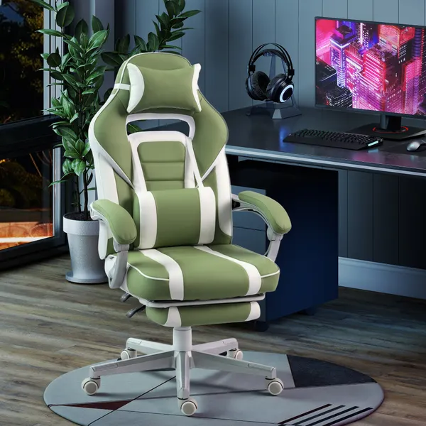Cadeira Gaming Reclinável com Encosto Ajustável, Apoio para os Pés Retrátil, Suporte Lombar e Almofada de Cabeça para Escritório ou Estudo, Verde