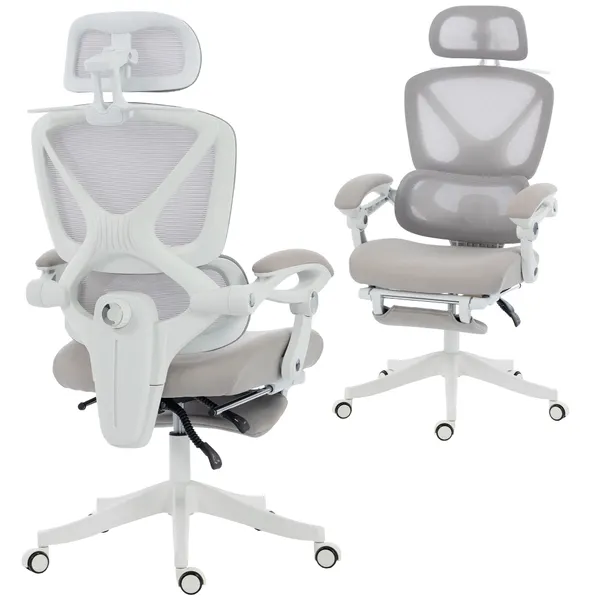 Cadeira de Escritório de Malha Reclinável com Apoio de Cabeça, Suporte Lombar, Apoio para os Pés e Altura Regulável, Cinzento Claro, 120 kg