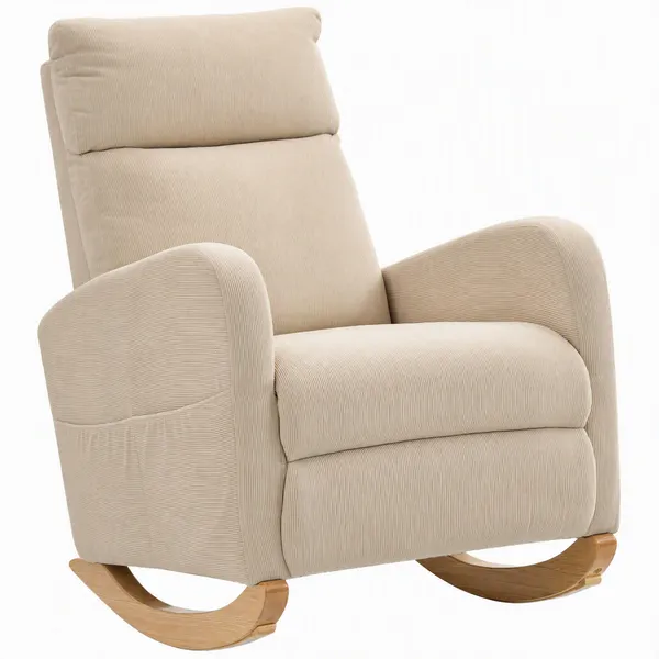 Cadeira de Baloiço de Veludo com Encosto Alto Pés de Madeira de Seringueira Bolsos Apoios de Braços Estilo Moderno Cadeira de Amamentação Capacidade 120 kg 67x94x105 cm Bege