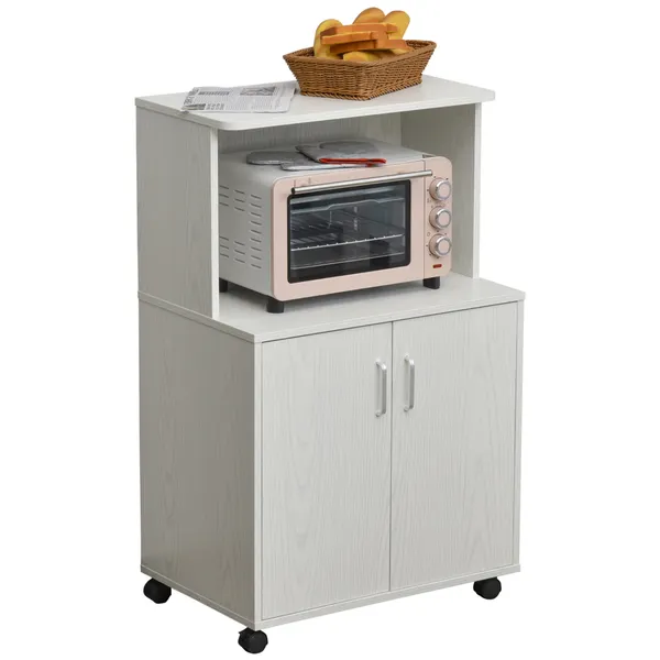 Armario Auxiliar para Microondas Armario de cocina bajo con Gabinete de 2 Puertas y Prateleira ajustable con Ruedas Carga 70 kg 60,4x40,3x97 cm Blanco
