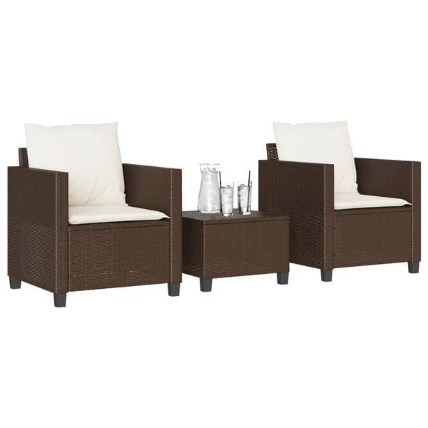 3 pcs conjunto bistrô com almofadões vime PE castanho