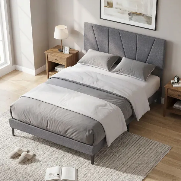 Cama com Plataforma e Cabeceiro Geométrico Ajustável 140x200 cm Cinzento Escuro