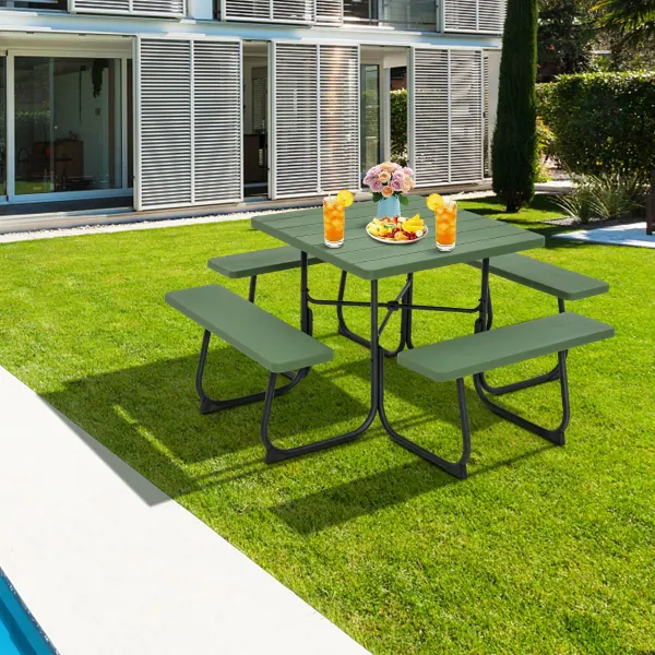 Set di Arredamento per 8 Persone Tavolo Rotondo con 4 Panche e Foro per Ombrellone Carico 225 kg