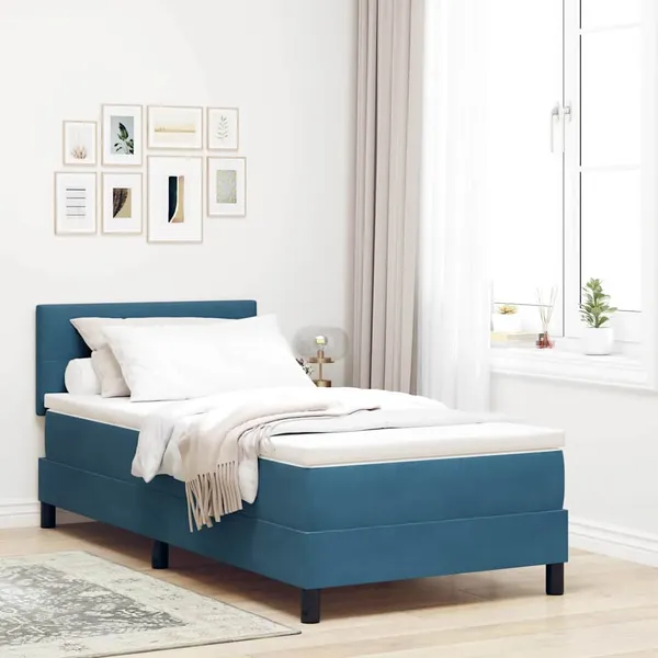 Cama Box Spring LED com colchão Azul Escuro 90 x 190 cm Veludo