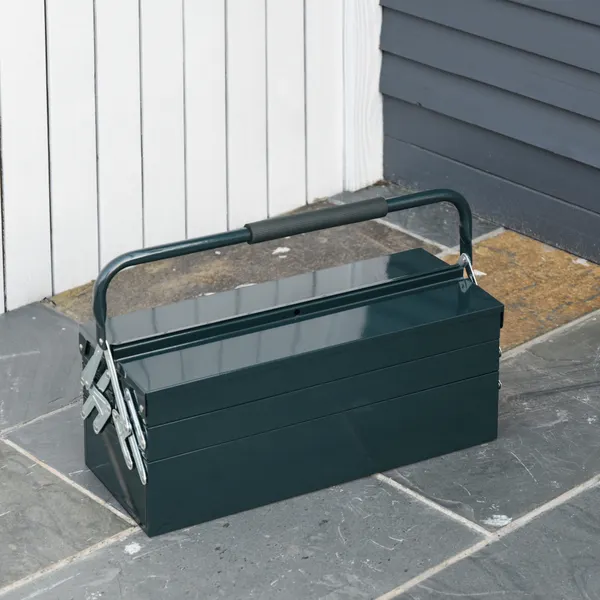 Boîte à outils pliable en acier portable avec 5 compartiments avec poignée de transport pour atelier 57x21x41cm vert