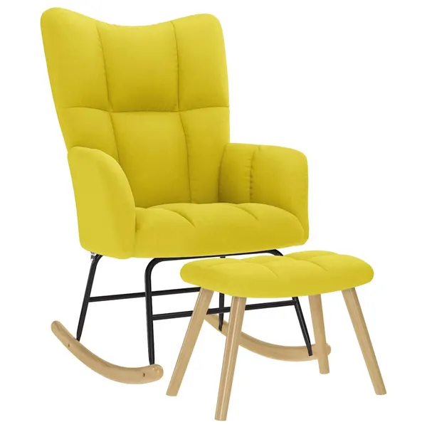 Cadeira de baloiço com banco p/ pés tecido amarelo-claro