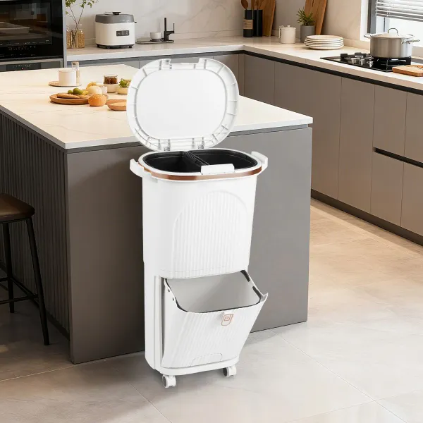 Cubo de Basura Cocina 38L Tapa Doble Capa 2 Cubos Extraíbles Pedal Ruedas Vertical Contenedor Residuos Salón Cocina Baño Blanco