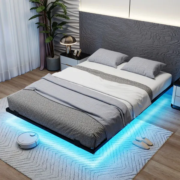 Cama Flutuante com Luzes LED RGB - Estrutura de Metal Moderna com Base de Lâminas
