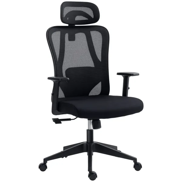 Cadeira de Escritório com Apoio para os Braços 2D Cadeira de Escritório com Altura Ajustável Apoio para a Cabeça Suporte Lombar Alto 67x64x117-127cm Preto
