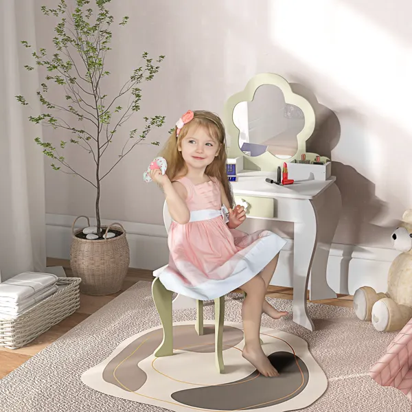 Toucador para niños con Espejo y Banco Toucador de maquillaje para niños de 3-6 años con 2 Compartimientos y Gaveta 55x34x87,5 cm Blanco y Verde Pastel