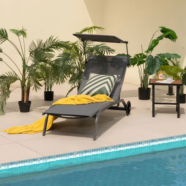 Tumbona Jardín Reclinable 6 Niveles Toldo Ajustable Portavasos 150kg