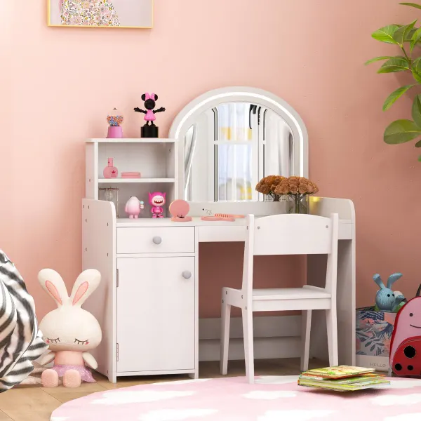 Set de Mesa de Tocador y Silla para Niños de 3+ Años con Estantes Cajón Armario Luces LED de 2 Colores Espejo de Acrílico Peine