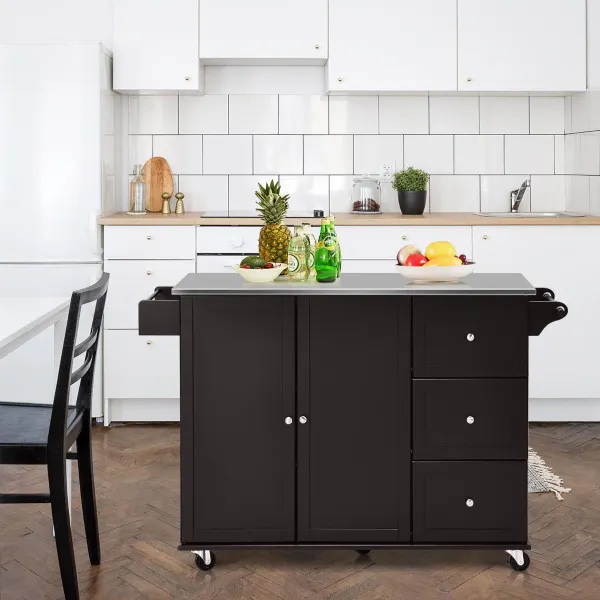 Carrinho de Ilha de Cozinha com Tampo em Aço Inoxidável e Prateleiras Ajustáveis 135x45,5x91,5 cm