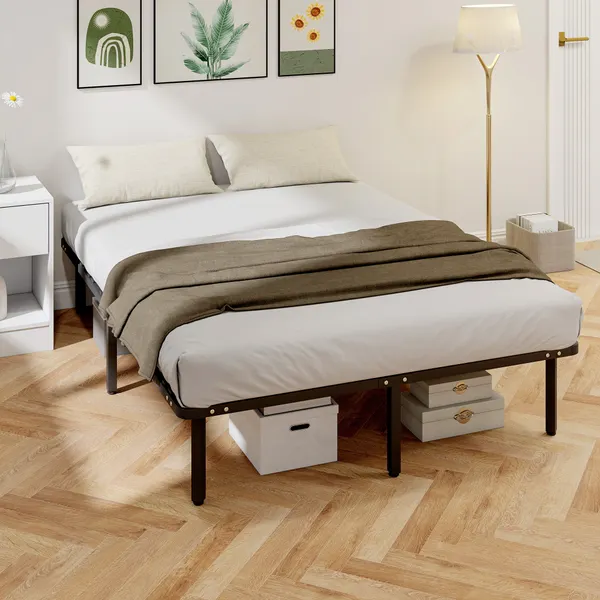 Estrado 140x190 cm Altura 26 cm Estrutura de Cama de Plataforma de Aço com Espaço de Armazenamento por Baixo e Ripas de Álamo Fácil de Montar Carga 350 kg Preto