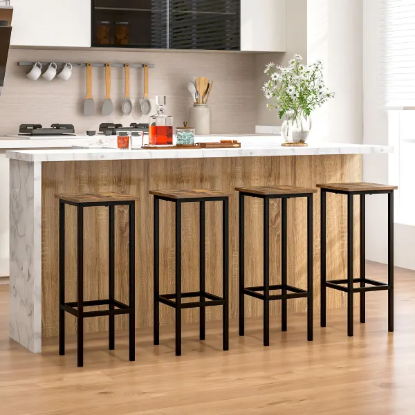 Jogo 4 Taburetes Bar Altura Mostrador sem Encosto Patas Metálicas Estilo Industrial Castanho