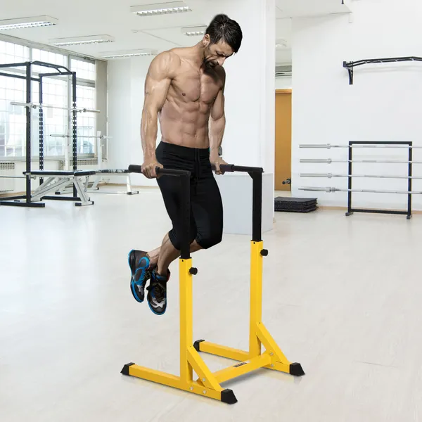 Estação Dip de Musculação Barras com Altura Ajustável Suporte para Treinar Abdominais Costas Carga Máx. 100kg 66x75x83-119cm Amarelo