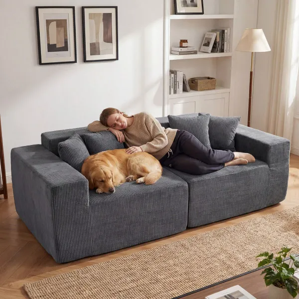 Sofá Modular Pana Cinzento Asiento Profundo 204cm Sem Montagem 4 Almofadas