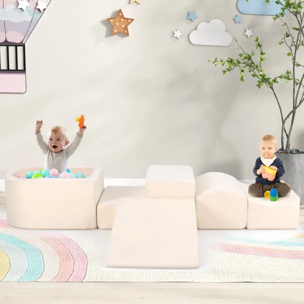 Ensemble de 5 Blocs d'Escalade et Rampe en Mousse avec Piscine à Balles