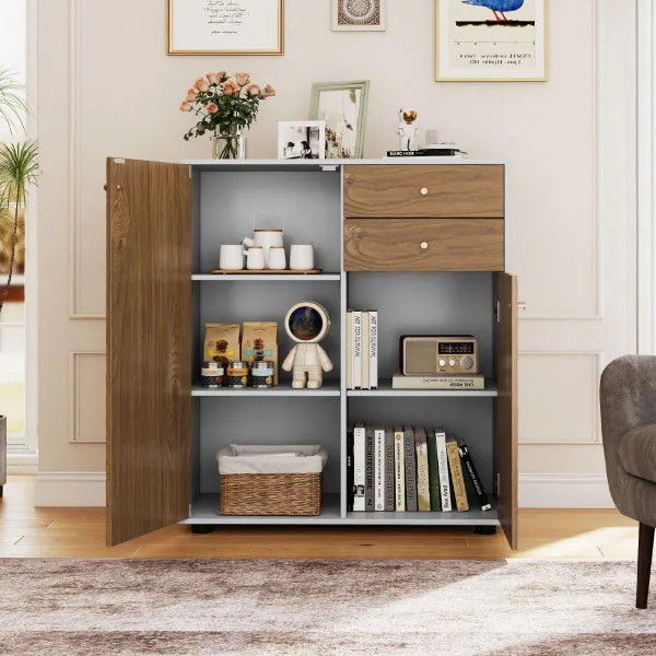 Buffet Cuisine avec 2 Tiroirs, 2 Portes et 3 Étagères Ajustables Style Rustique Moderne