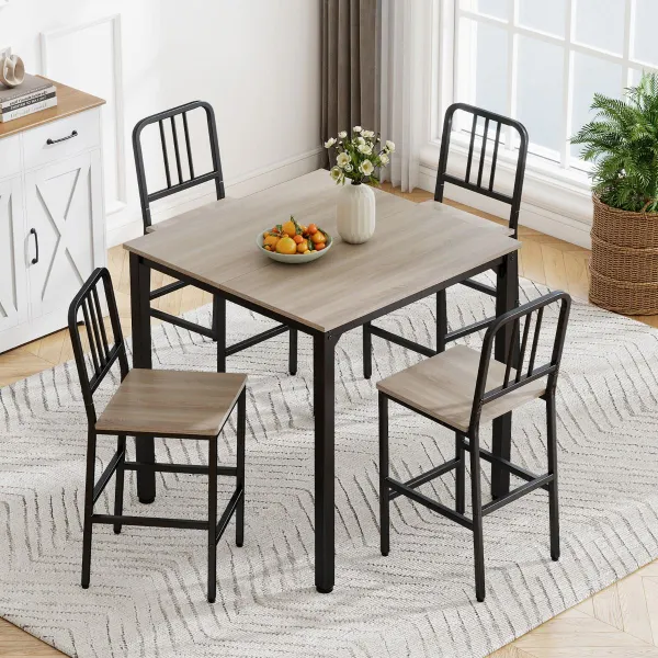 Conjunto de Mesa de Comedor para 4 Personas con Estructura Metálica Mesa Cuadrada Rústica y 4 Taburetes para Rincón Natural