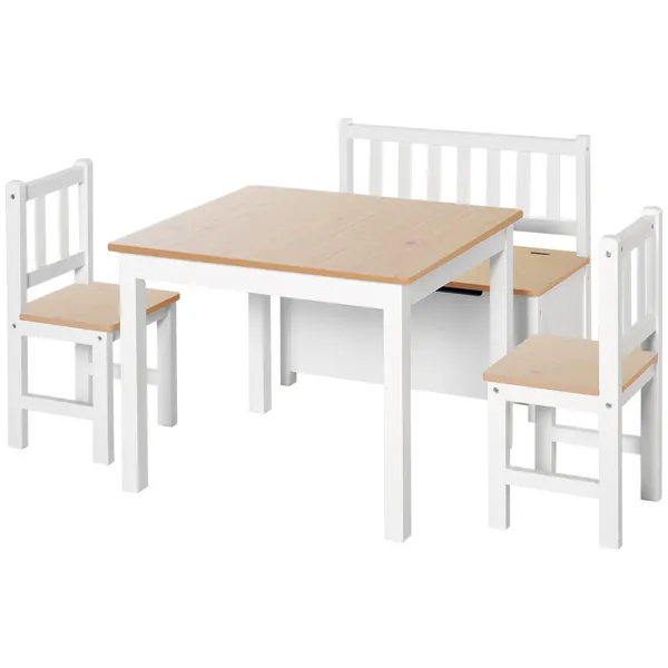 Set bambino tavolo 2 sedie e sedile con stoccaggio mobile per bambini per la camera di gioco Dormitorio Bianco e Naturale