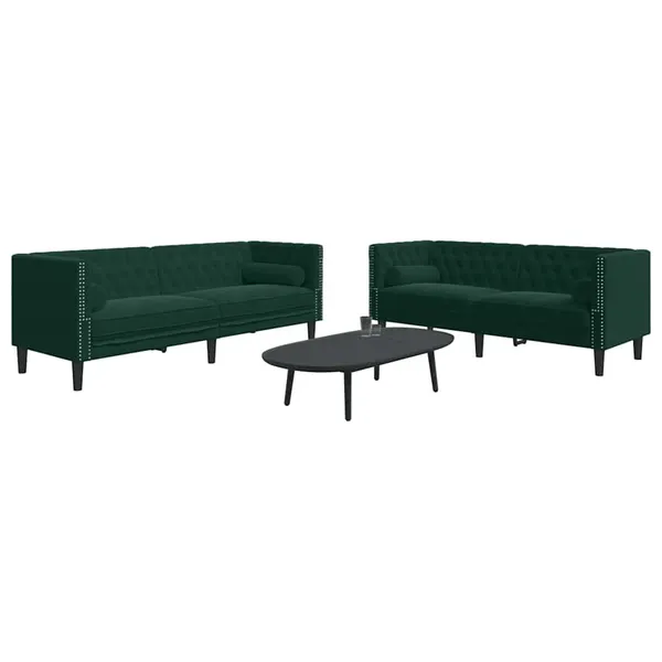 2 pcs conj. de sofás chesterfield com rolos veludo verde-escuro