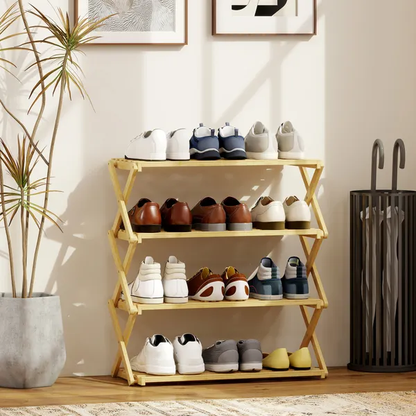 Sapateira Estreita de Bambu Sapateira Vertical Dobrável de 4 Níveis Sem Instalação Prateleira para Sapatos para Entrada Corredor Quarto 60x29x67 cm Madeira