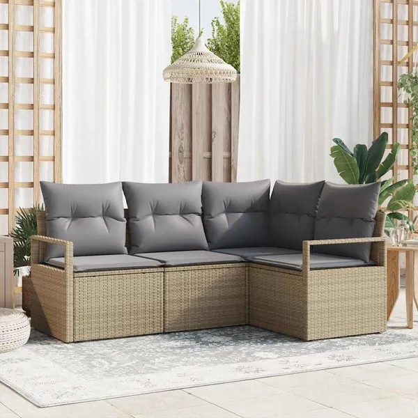 Conjunto de Sofás com almofada 4 pcs Bege e Cinza Claro vime PE