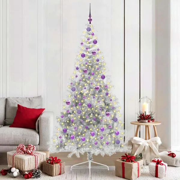 Árvore de Natal Artificial Pré-iluminada Prateado 210 cm PET
