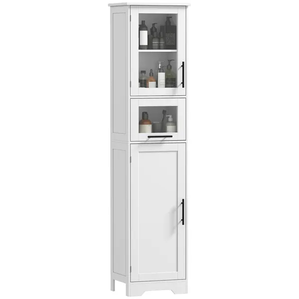 Armário de Casa de Banho Alto Móvel Auxiliar de Casa de Banho com Porta de Vidro Prateleiras Ajustáveis Gaveta Coluna Estreita para Espaços Pequenos 40x31x170 cm Branco