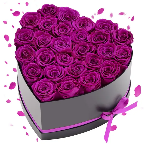 Flores eternas 27 rosas, caixa coração, roxo