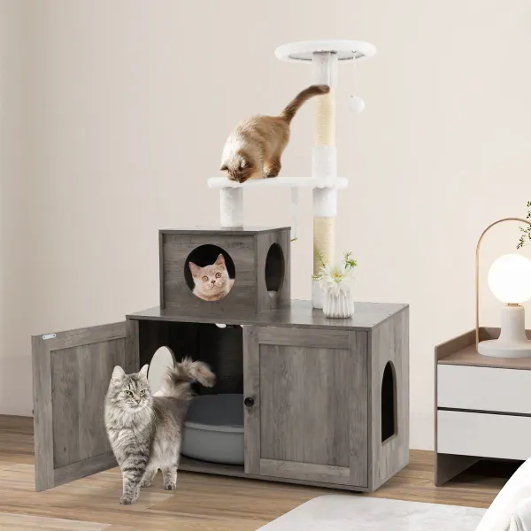 Maison pour Chat avec Armoire Rangement Litière et Griffoir Tour 77,5x49x132cm