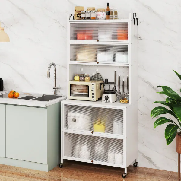 Armoire de Cuisine 6 Niveaux Portes Battantes Tablette Micro-ondes