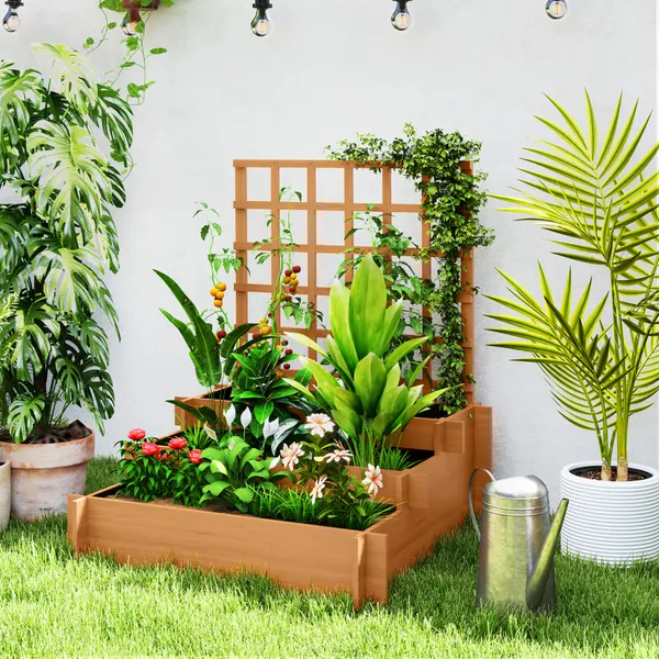 Floreira de 3 Níveis com Treliça Hortal Vertical com Tecido não Tecido para Cultivos de Verduras Flores Ervas 95x95x110 cm Castanho
