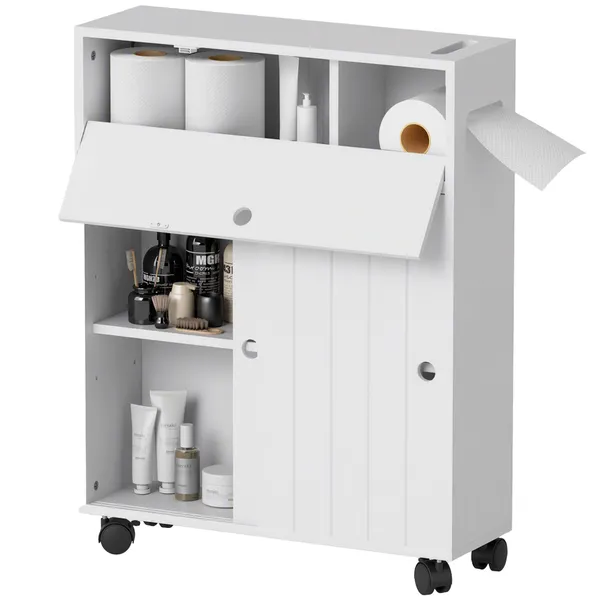 Armário Auxiliar Casa de Banho Moderno Armário Casa de Banho com 4 Rodas 2 Compartimentos para Papel Higiénico Armário e Prateleiras Ajustáveis Móvel Auxiliar de Armazenamento 52x17x67 cm Branco