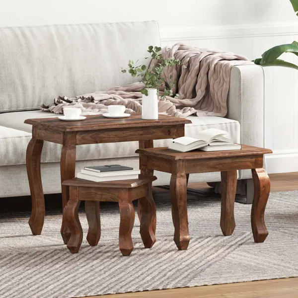Mesa de Ninho 3 pcs Castanho Madeira de mogno maciça