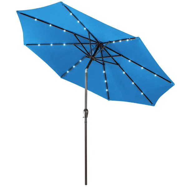 3M Sombrilla Solar de Playa Plegable con 24 Luces LED Parasol Inclinable con Manivela 8 Costillas