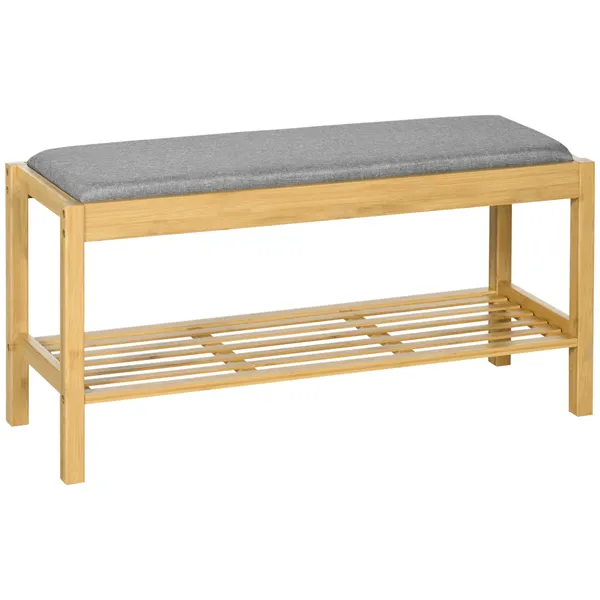 Banco Sapateira de Bambu Banco Sapateira con Assento Estofado para 3 Pares de zapatos con Prateleira de Ripas para Entrada Corredor 90x30x46 cm Madeira