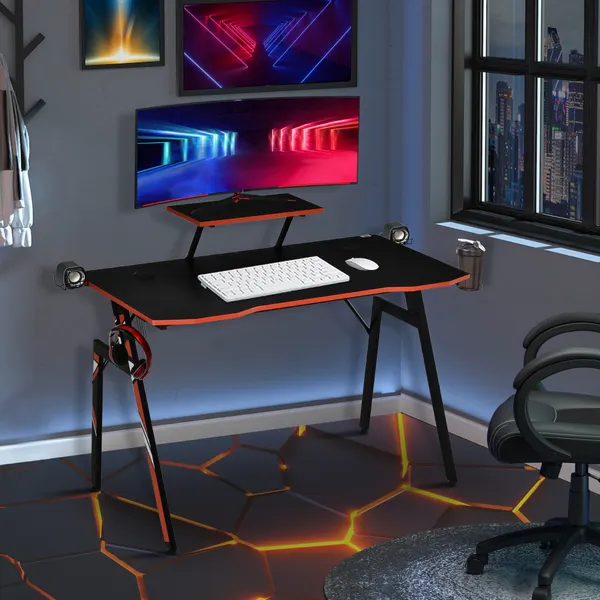 Mesa Gaming Ergonómica Secretária para Computador com Suporte para Monitor e Alto Falante Porta-Copos Gancho para Fones de Ouvido Fibra de Carbono 120x60x94,5 Preto