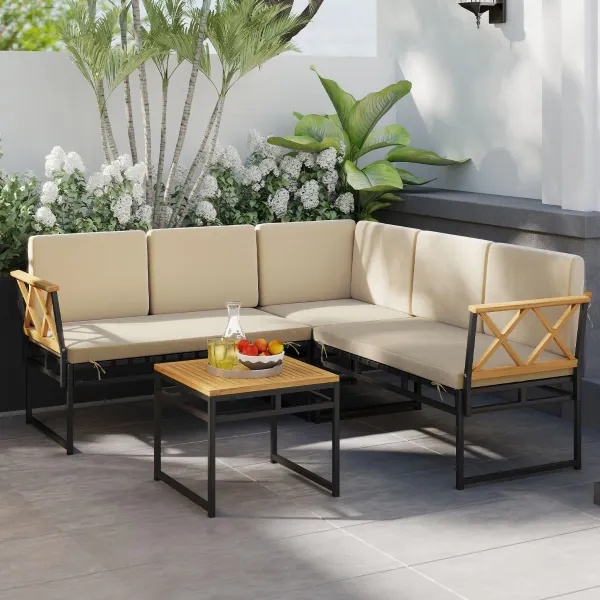 Ensemble Canapé Sectionnel Extérieur en L 4 Pièces - Structure Métallique, Corde Bungee et Table Acacia Beige