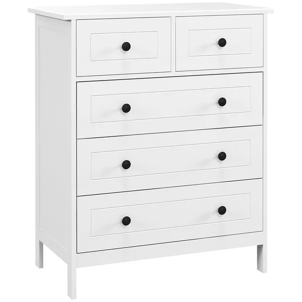 Cómoda de Dormitório Cómoda Branca com 5 Gavetas e Puxadores Cómoda Alta para Sala de Estar Estúdio Estilo Moderno 74x40x91 cm Branco
