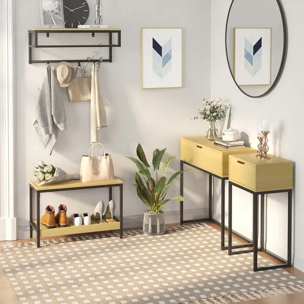 Mesa Consola con Gaveta Consola Moderna Mesa de Entrada con Pés de Acero para Corredor Sala de estar Dormitorio 80x30x76 cm Madeira y Negro