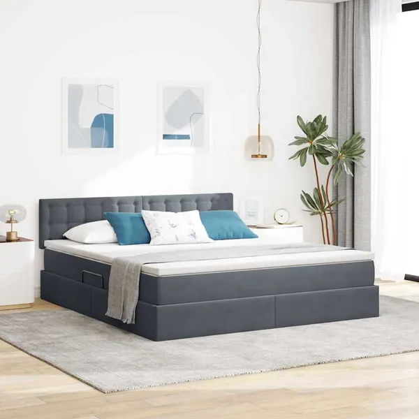 Cama com arrumação e LED Cinza Escuro 160 x 200 cm Veludo